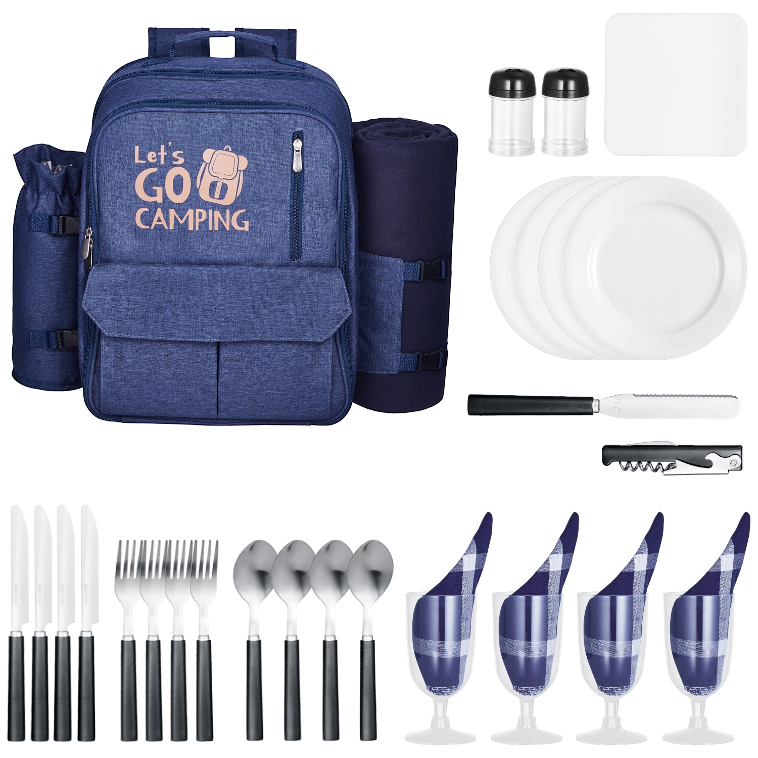 Beach Picnic Backpack Bag For 4 Person With Cooler Compartment Navy Blue_voghion.com